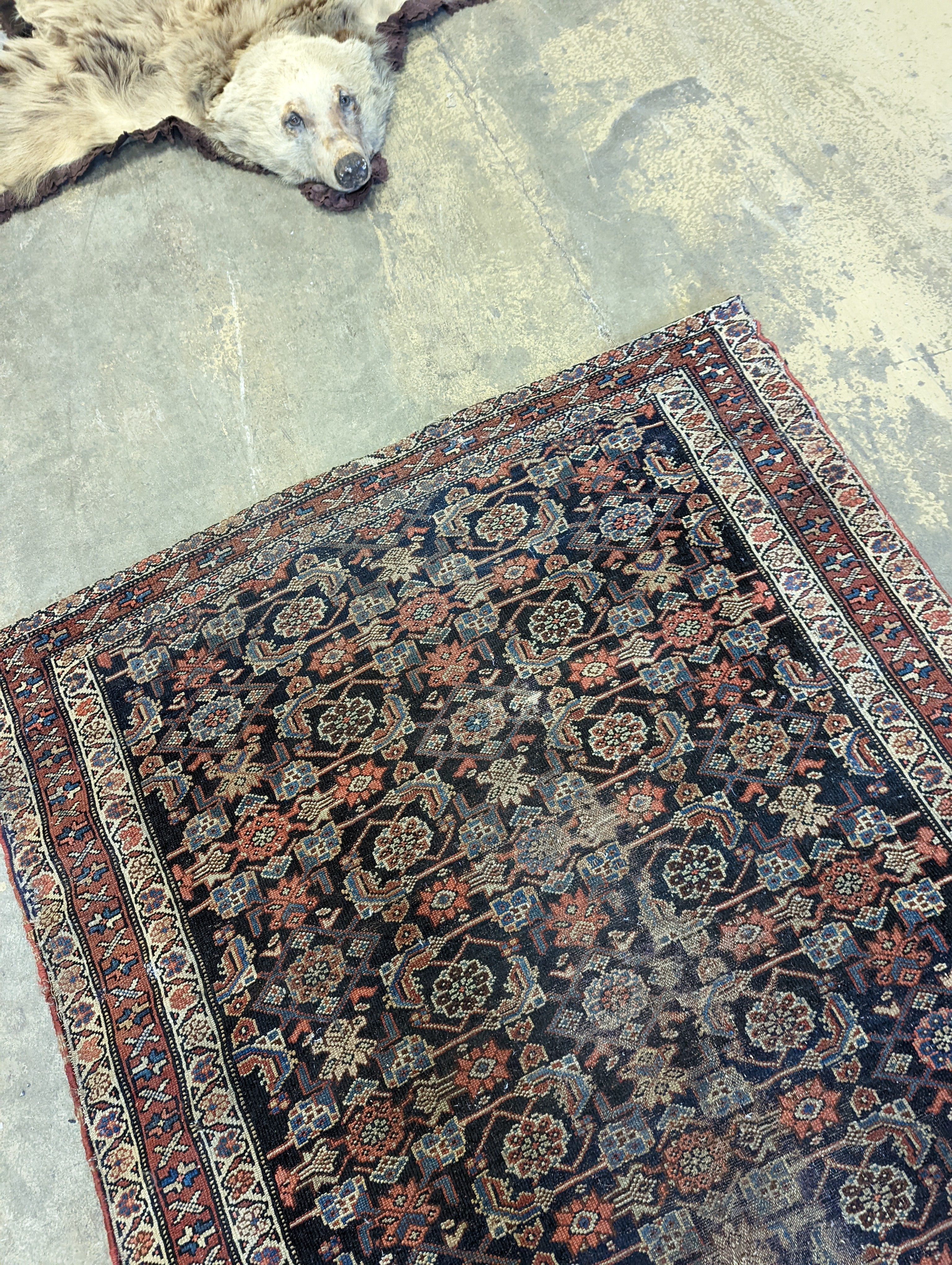 An antique Shirvan blue ground runner, 470 x 116cm